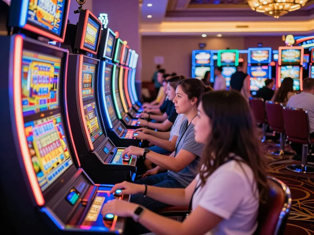 Players enjoying exciting slot action in a vibrant casino, engaging with colorful machines