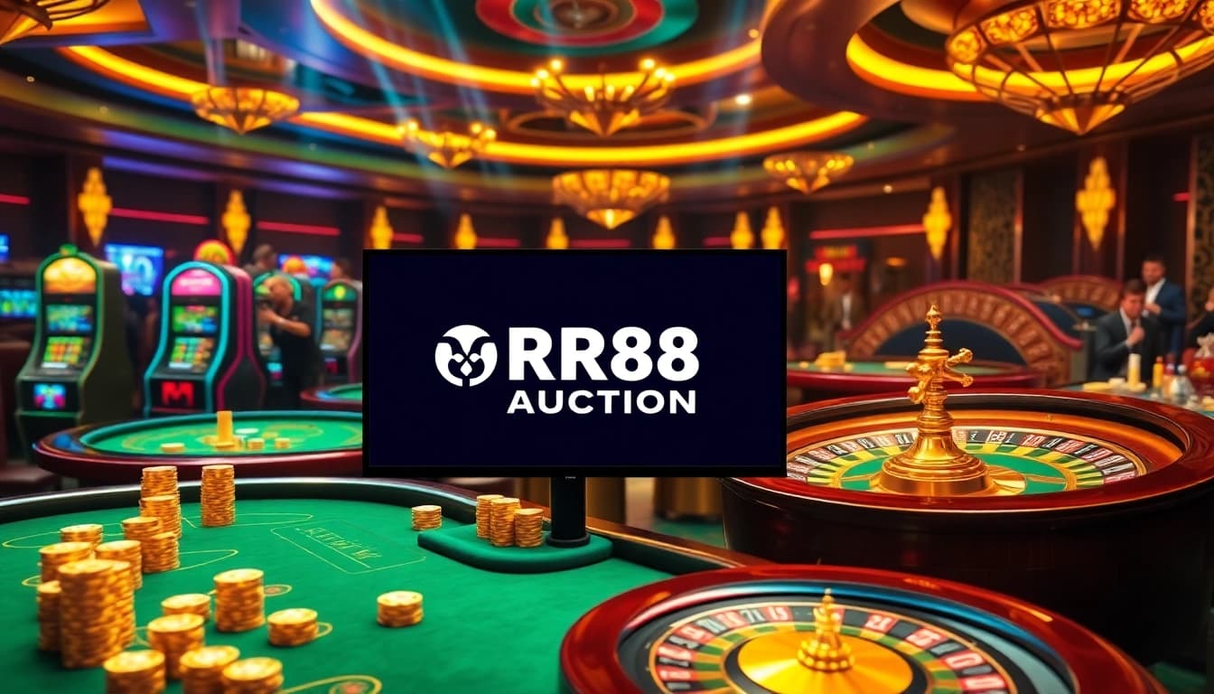 Experience the excitement of RR88 Auction with stunning casino visuals showcasing vibrant slot machines and poker chips.