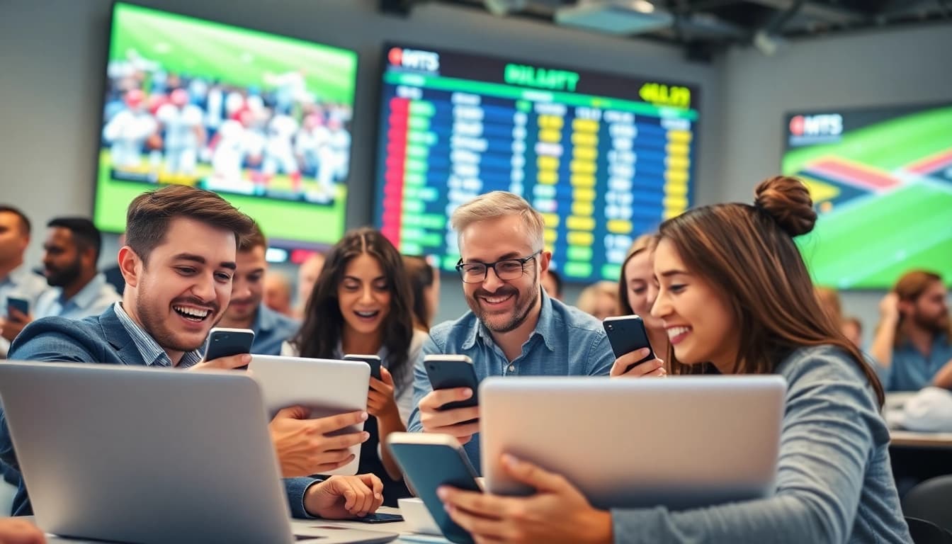 Engaged users in sports betting activity, showcasing excitement and dynamic odds updates.