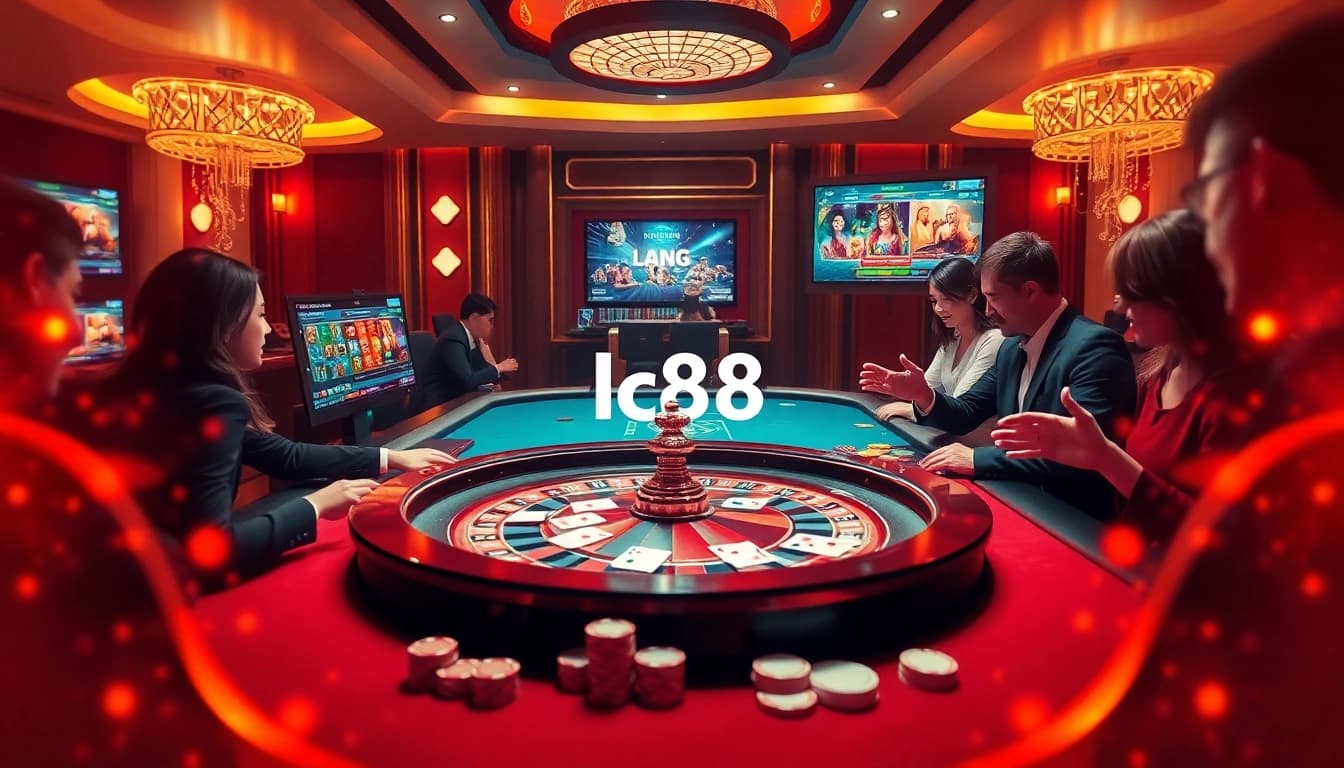 Players strategizing at a luxurious casino table featuring lc88 online gambling interface and vibrant poker chips.