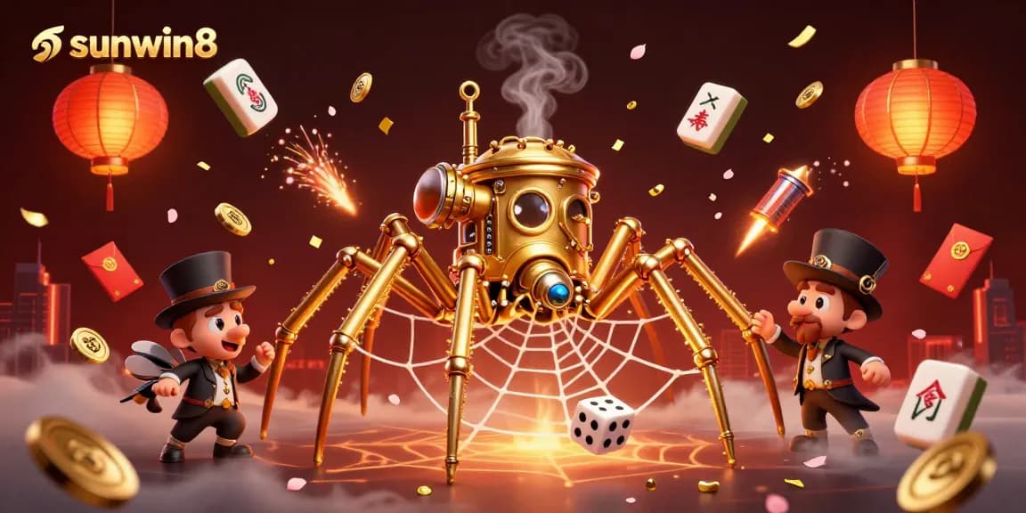 Experience thrilling gameplay at sunwin8 with a steampunk spider and winning symbols in a dynamic casino scene.