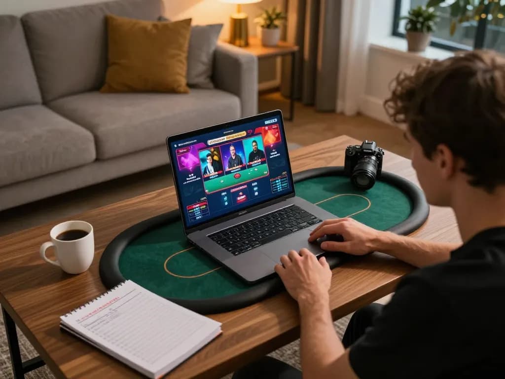 Online player engaging in king33 poker game on laptop with strategy notes nearby