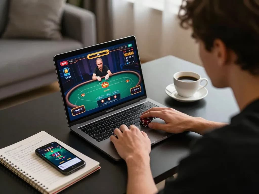 Engaging home scene with a player focused on ดูหนังออนไลน์ฟรี while strategizing online poker, indicating a blend of entertainment and responsibility.