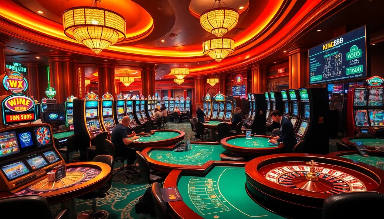 Exciting casino action showcasing king888's thrilling slot machines and blackjack tables.