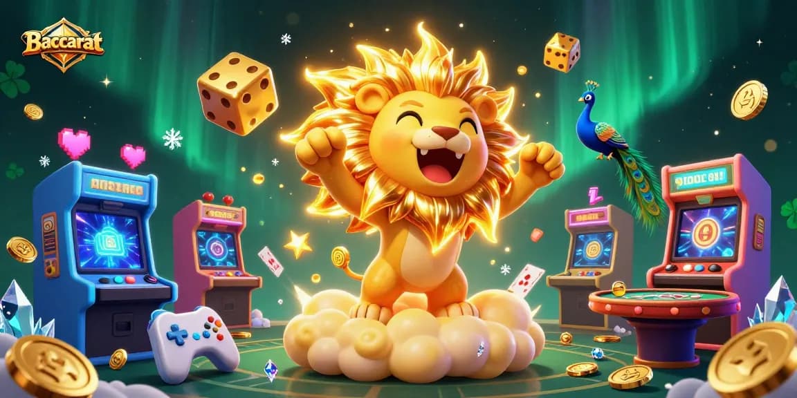 Baccarat game scene featuring a majestic lion, dice, and vibrant casino elements for a thrilling gaming experience.