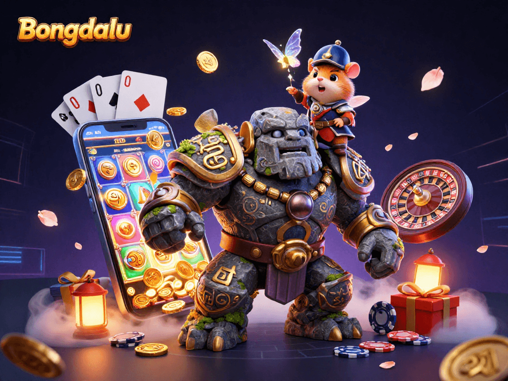 Bongdalu casino goes animated with a magical scene featuring a stone golem and fairy, in action.