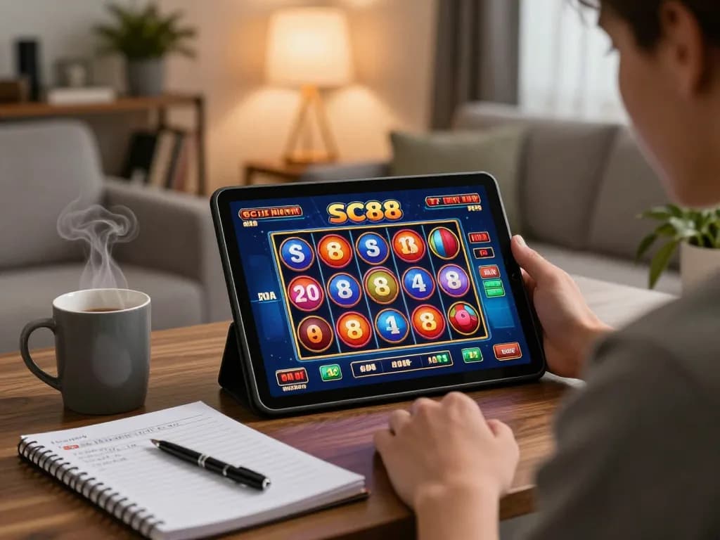 Player engaging with SC88 on a tablet, showcasing vibrant casino gaming atmosphere in a cozy home setting.