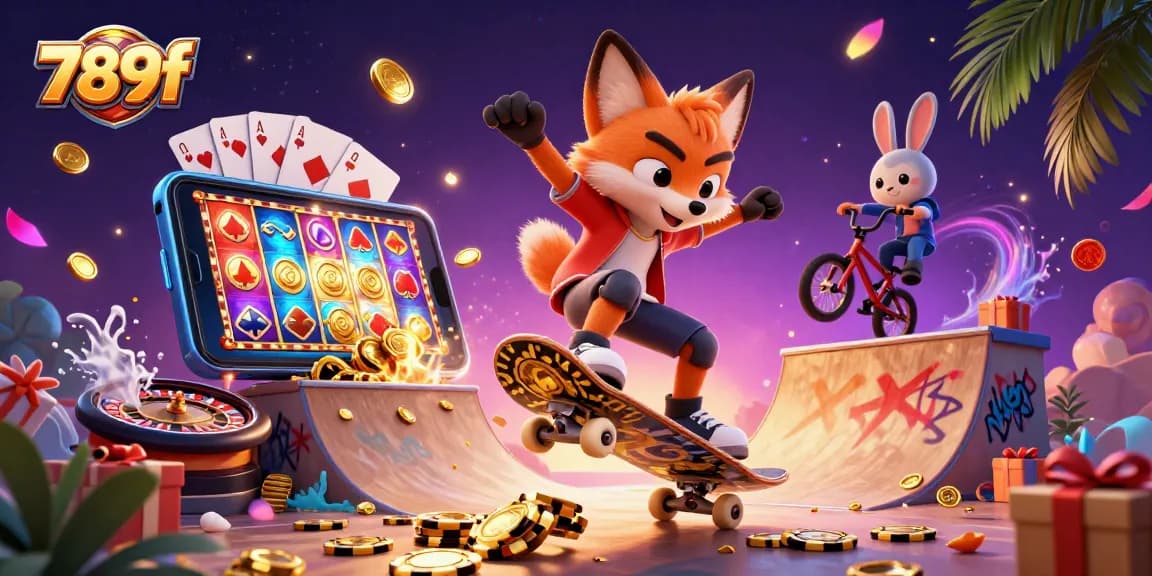 Experience the excitement of 789f with a skateboarder fox and BMX rabbit in a casino-themed 3D art.