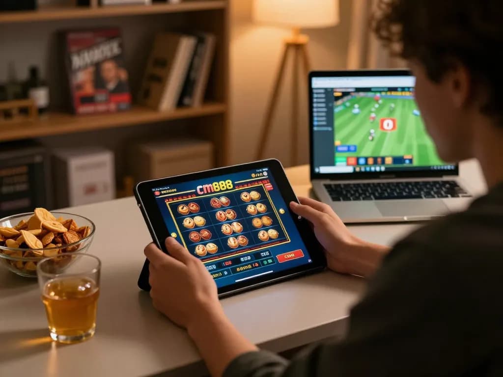 Player enjoying cm888 slots online on a cozy home desk setup with snacks and strategy books