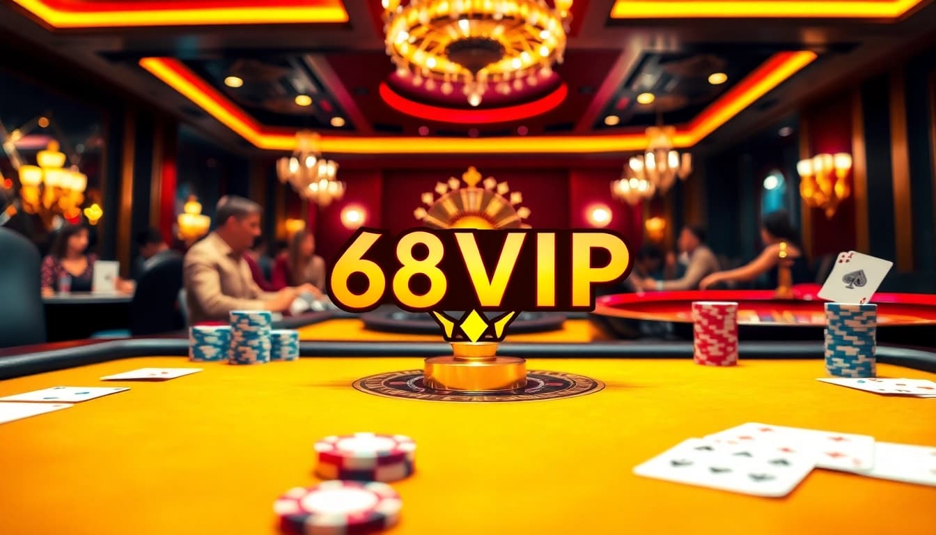 Experience the thrill of gaming with 68VIP at an elegant casino table featuring vibrant poker chips and cards.