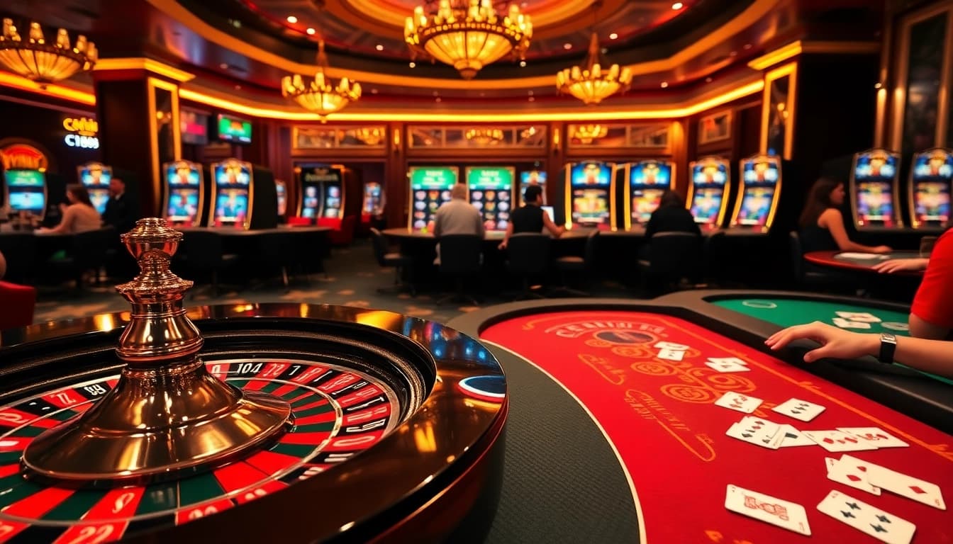 C168 casino players enjoying high-stakes poker, roulette, and slot machines in a luxurious gambling environment.