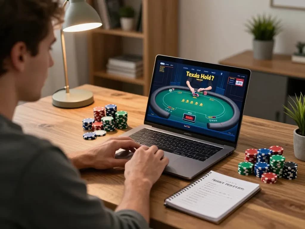 Player engages in online poker strategy at home using g28 platform, showcasing focused gameplay and organized workspace.