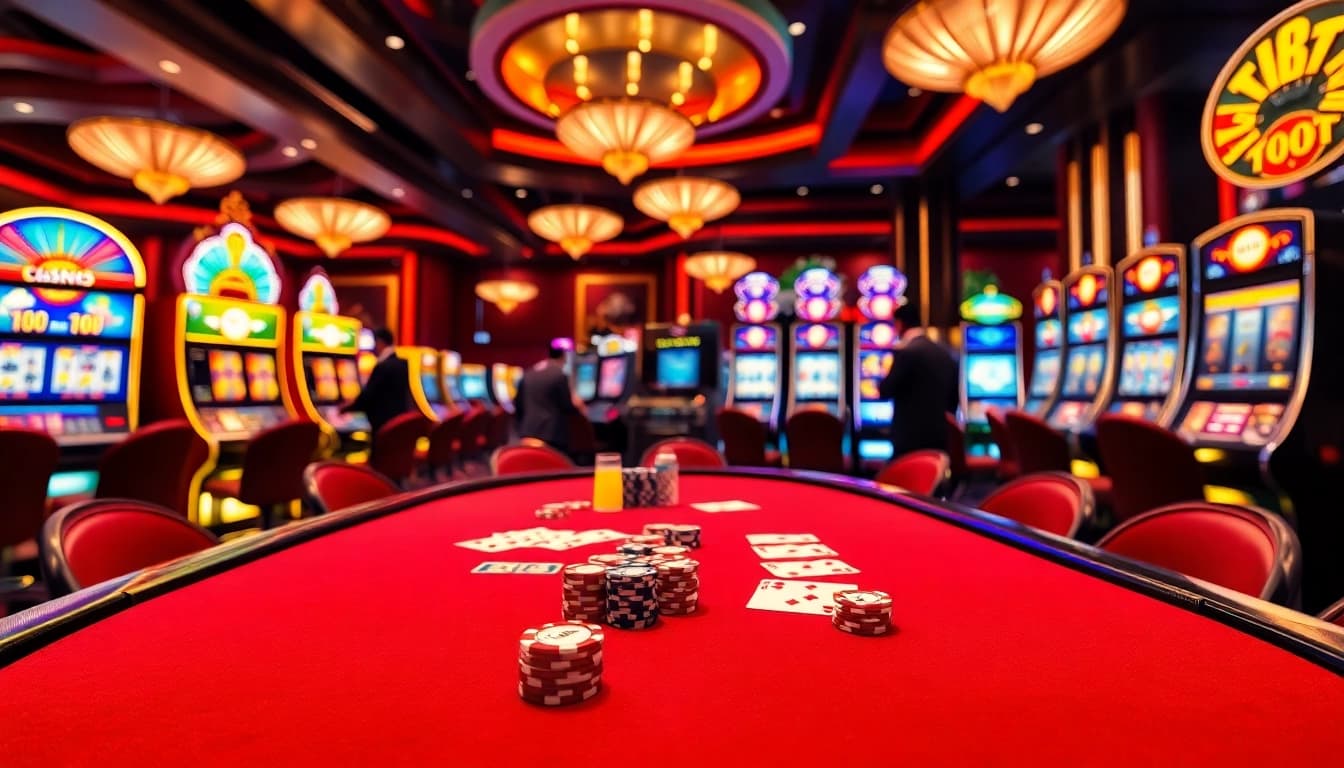 XX88 casino scene showcasing excitement in a vibrant gaming area with poker tables and slot machines.