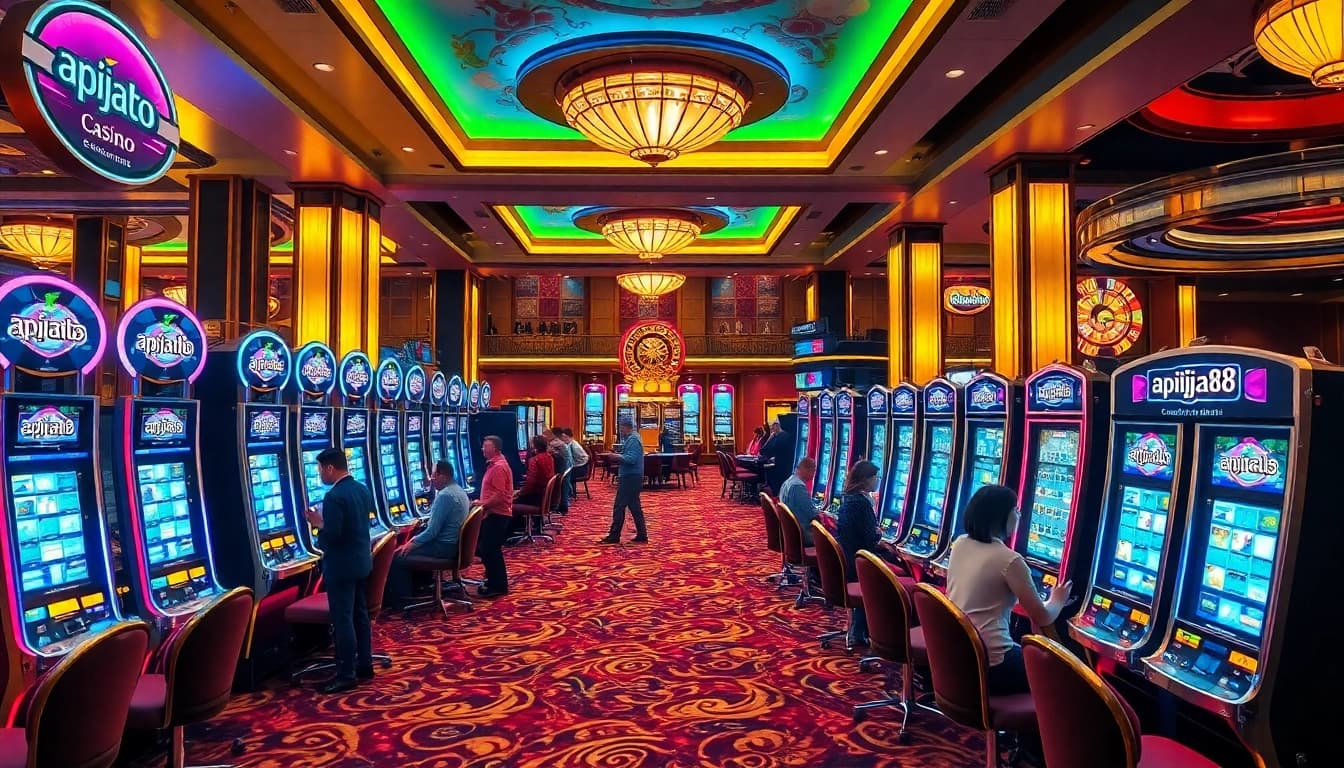 Play exciting slot apiraja88 games at a vibrant casino filled with colorful machines and lively gamblers.