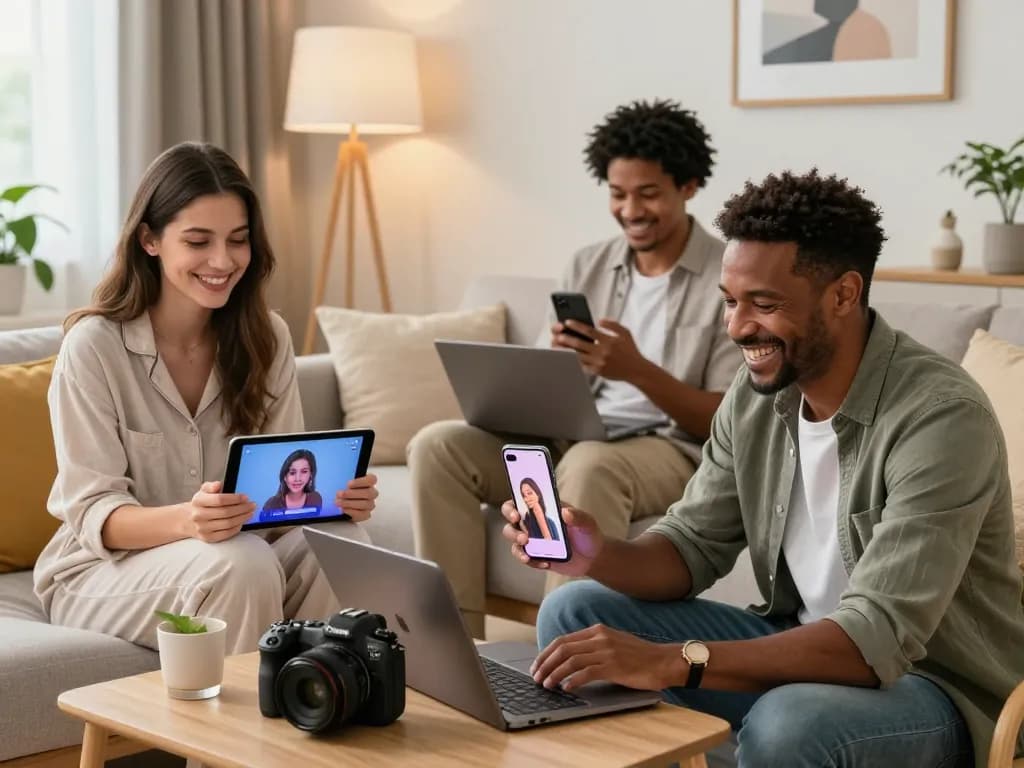 Captivating scene of individuals enjoying sex chat AI experiences in a cozy home setting.