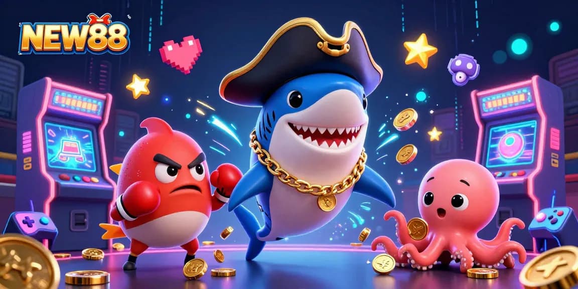 Engage in vibrant gaming excitement at NEW88 with cartoon characters in a casino-themed scene.