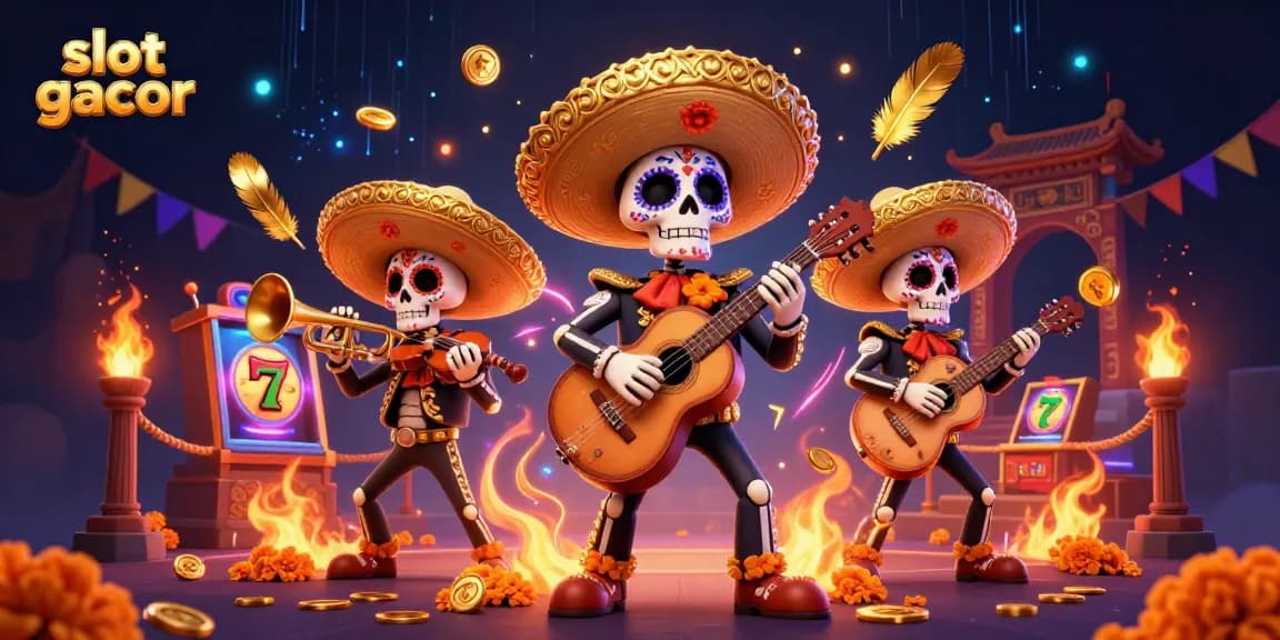 Experience the thrill of slot gacor with 3D vibrant mariachi characters amidst golden coins and slot elements.