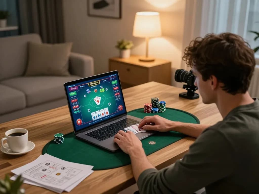 Player strategizing high-stakes poker at DN88 on a laptop, showcasing engaging online gambling atmosphere