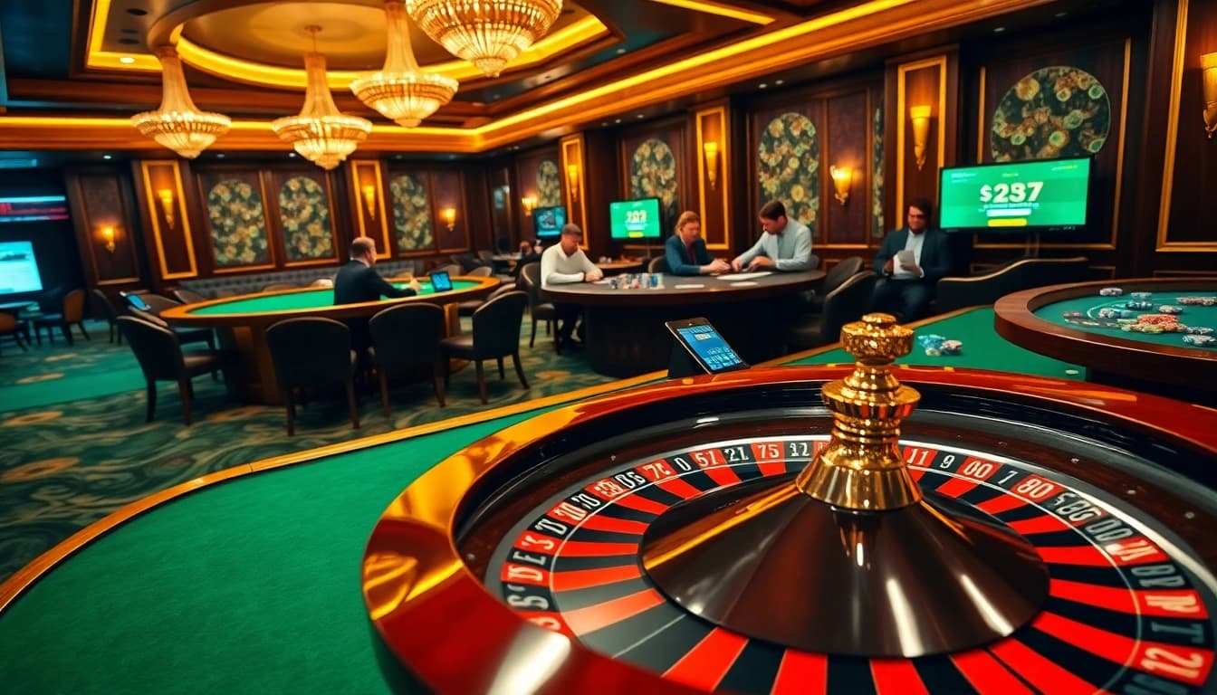 Experience excitement at https://xx88.vin/ with an elegant casino scene showcasing roulette, poker, and digital betting.