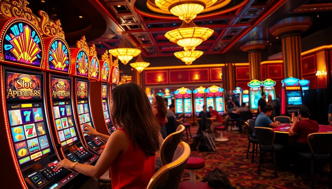 Players enjoying vivid slot apiraja88 machines in a luxurious casino setting with vibrant lights.