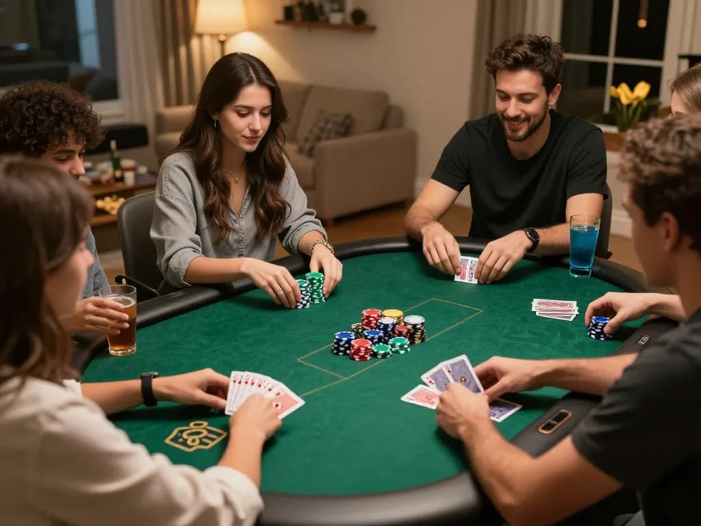 Friends enjoying poker night at home, showcasing lsa moments of strategic gameplay and social bonding.