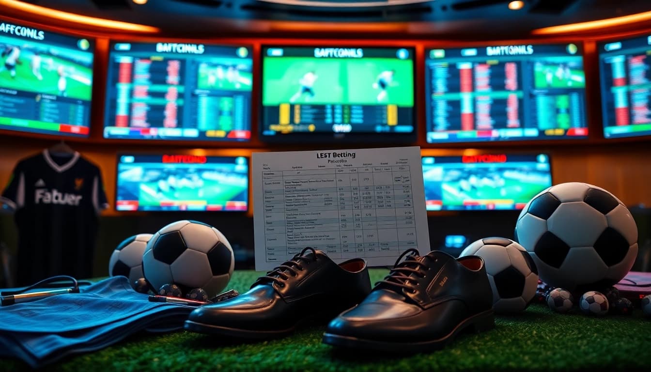 Engaging sports betting setup showcasing เทคนิคแทงบอล strategies and live match odds on monitors.