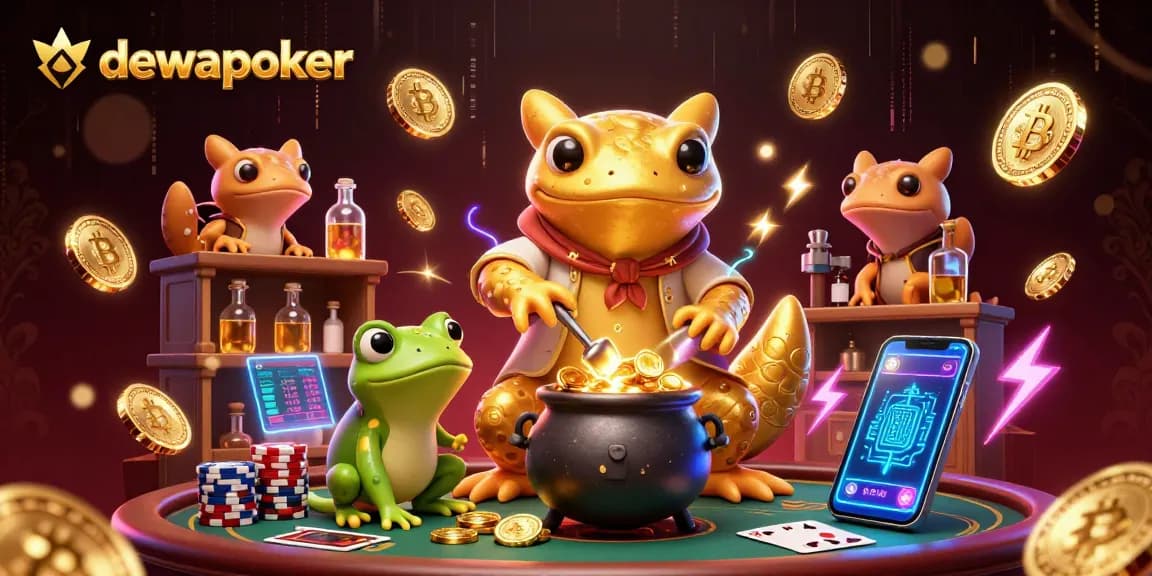 Dewapoker vibrant casino scene with golden salamander alchemist, poker elements, and currency coins.