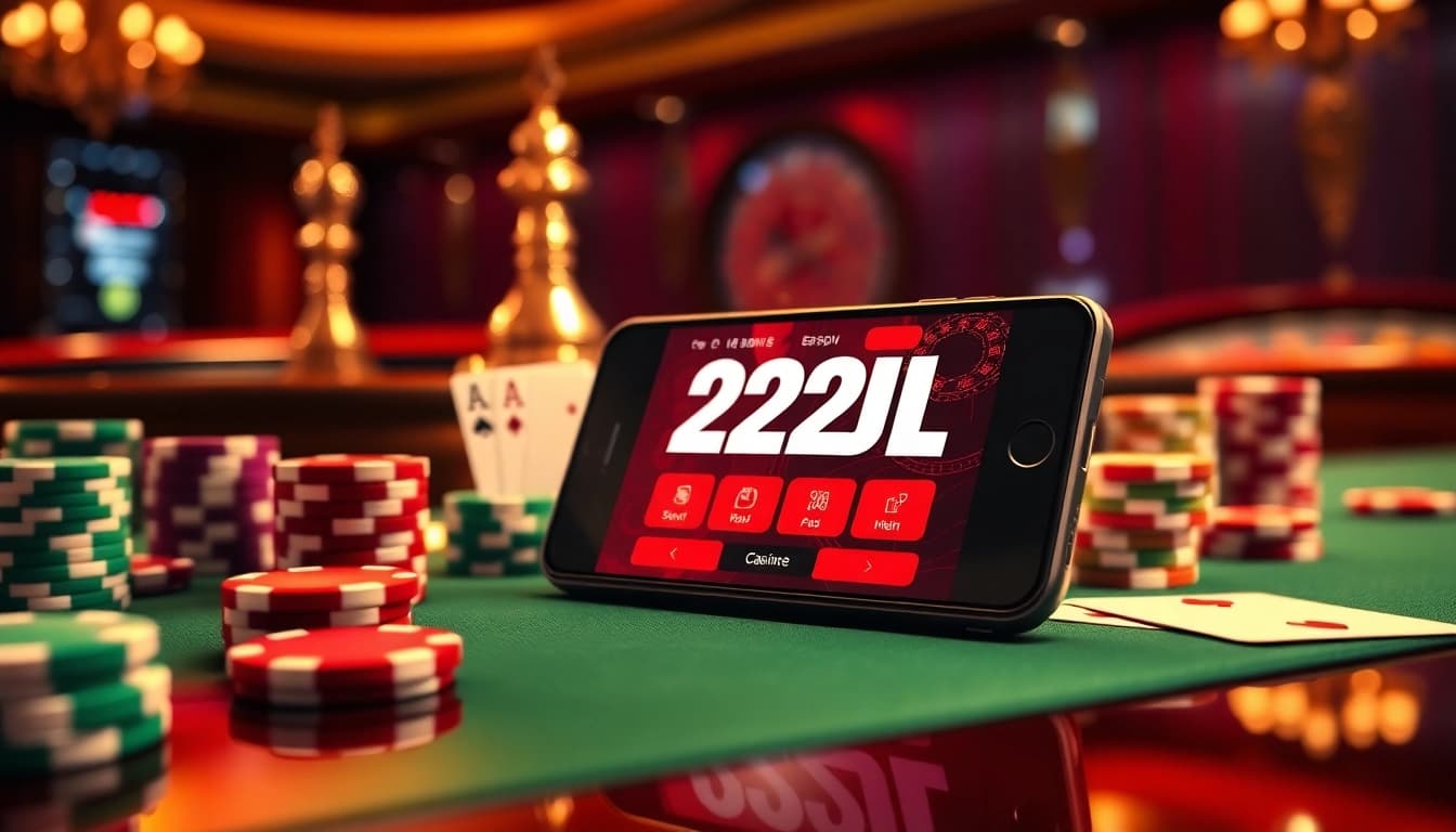 Experience the thrill of winning with the 22JL app at a stylish casino table surrounded by gambling excitement.