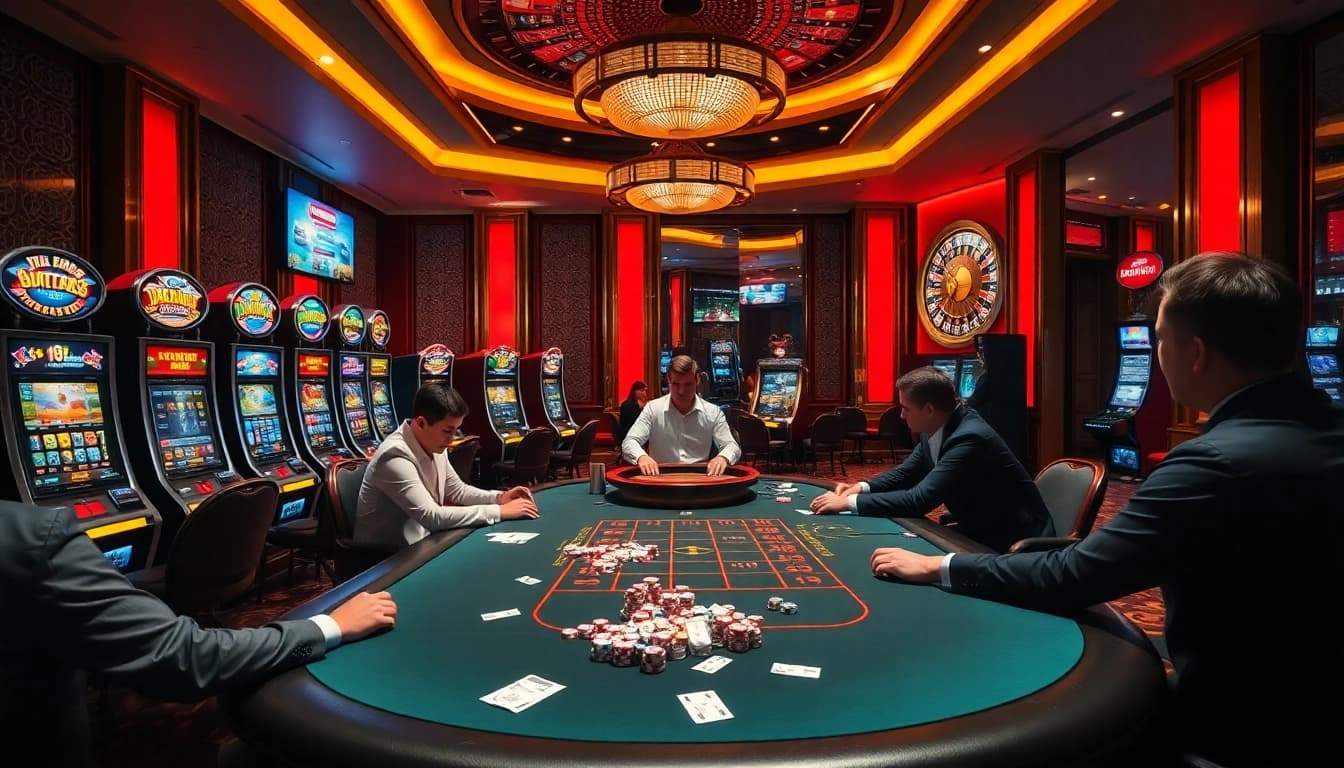 Experience the thrill of Hi88 com with vivid casino gaming visuals featuring poker and slot machines.