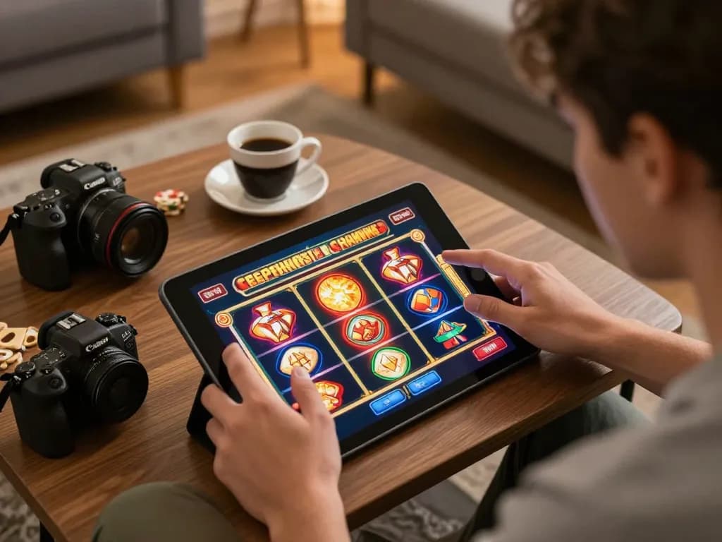 Engaging gameplay on AZTEC888 slot interface shown on tablet, set in a cozy home gaming environment.