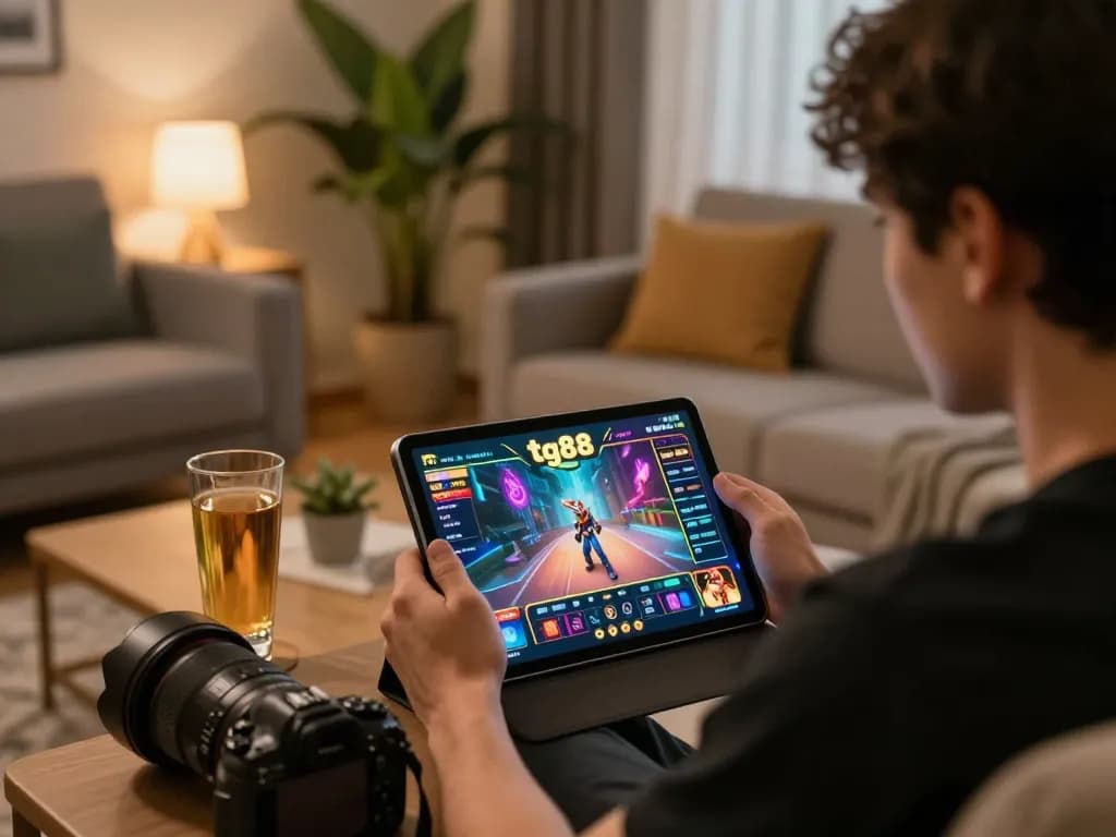 Player enjoying gaming on tg88 app in cozy living room with warm ambiance and focused atmosphere