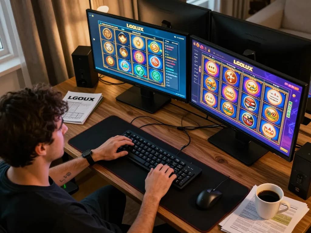 Player engaging with LGOLUX online slot games at home office with vibrant screen details