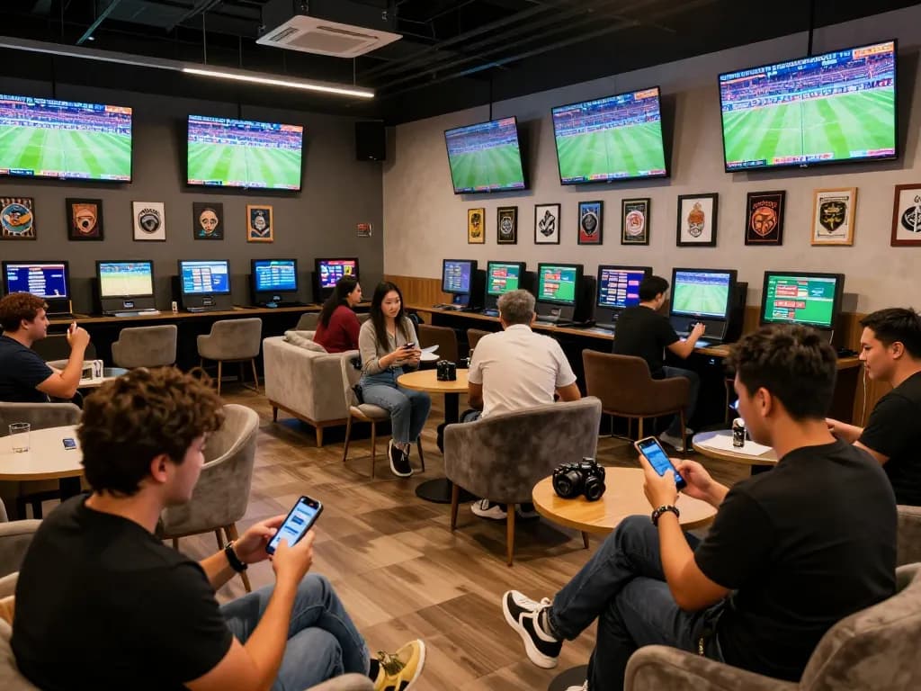 8xbet users enthusiastically placing sports bets in a contemporary lounge setting, showcasing a vibrant betting atmosphere.