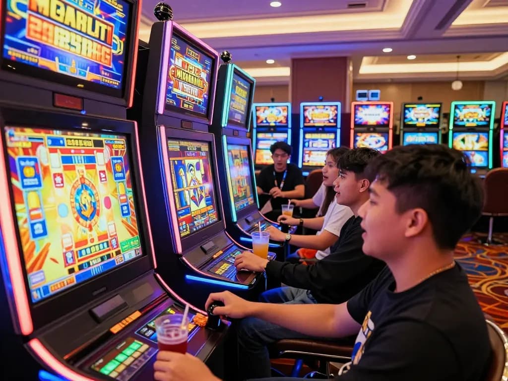 Situs slot gacor players enjoying vibrant online gaming experience with colorful slot machines.