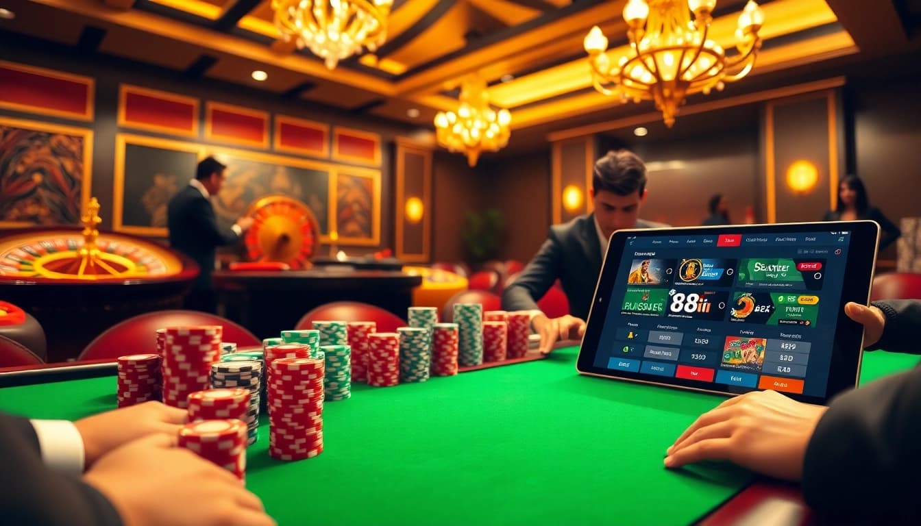 Players strategizing around a poker table at 88i casino, showcasing excitement and high-stakes betting.