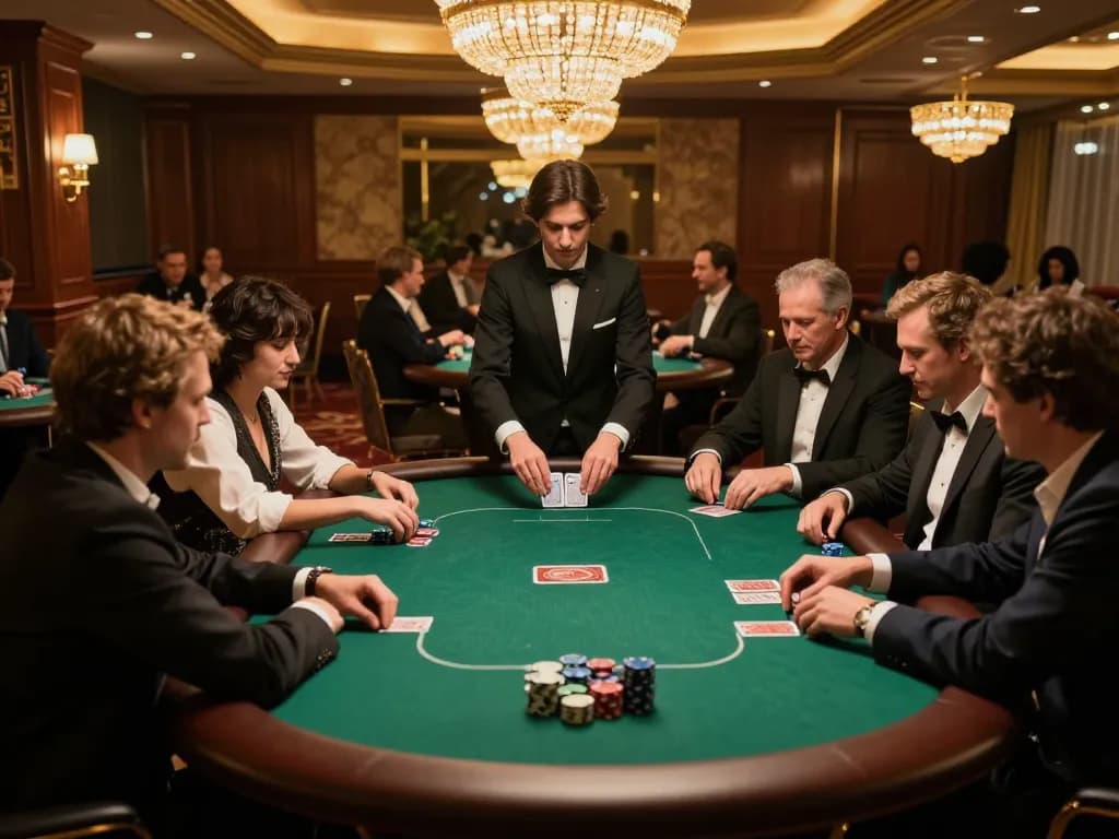 Players strategizing in an upscale poker room at king33, captivated by the dealer's card shuffling.
