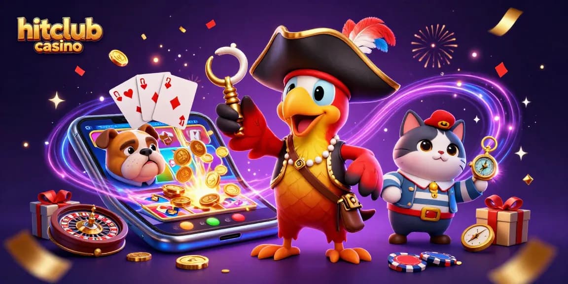 Engage in hitclub casino fun with colors and vibrant characters surrounded by exciting games.