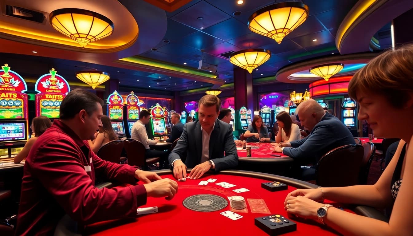 Experience the thrill of an online casino with players engaging in lively games at a luxurious table.