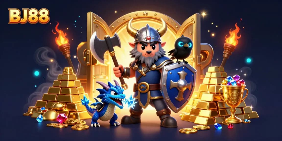 Experience the thrilling world of BJ88 with a dynamic Viking wolf warrior and dragon in a captivating casino adventure.