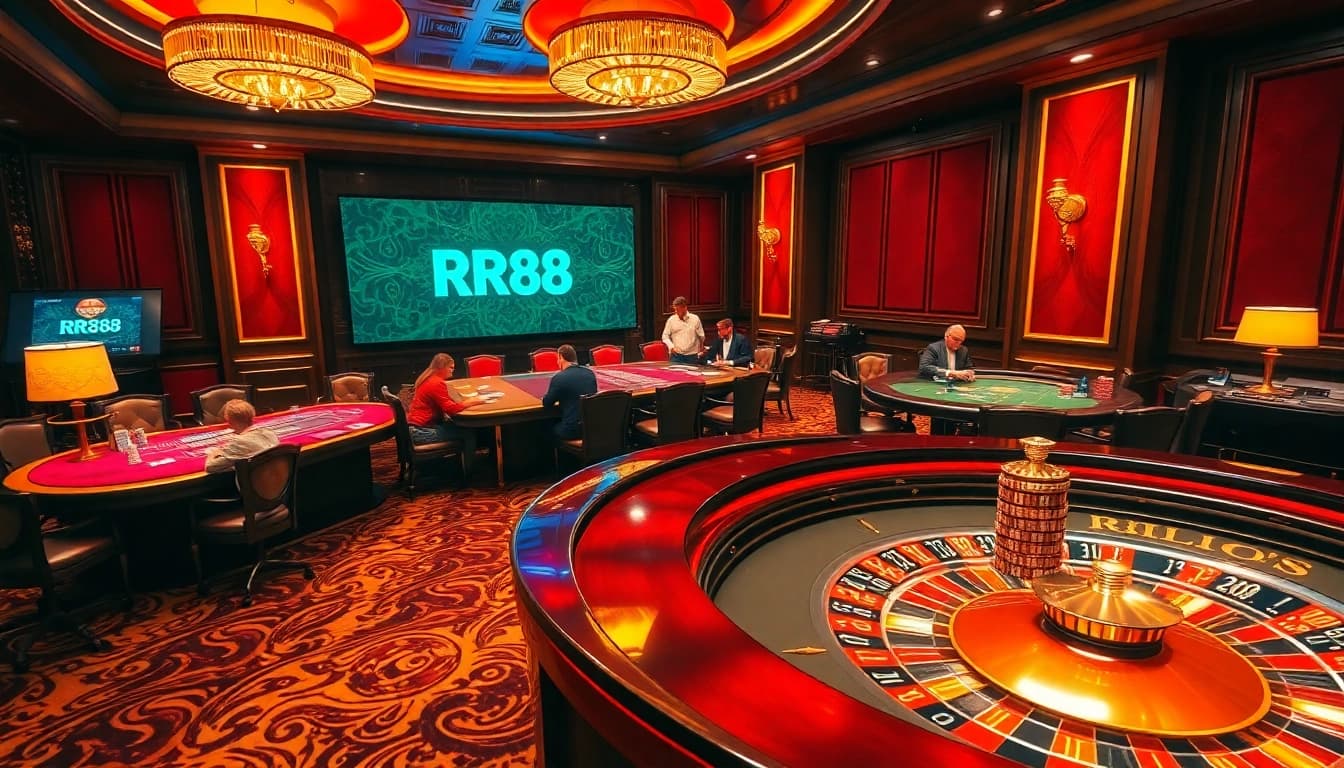 Experience the excitement of RR88 with players at a luxurious casino table.
