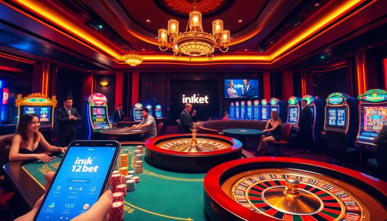 Immersive online gambling scene highlighting ink vao 12bet, featuring a vibrant poker table and slot machines.