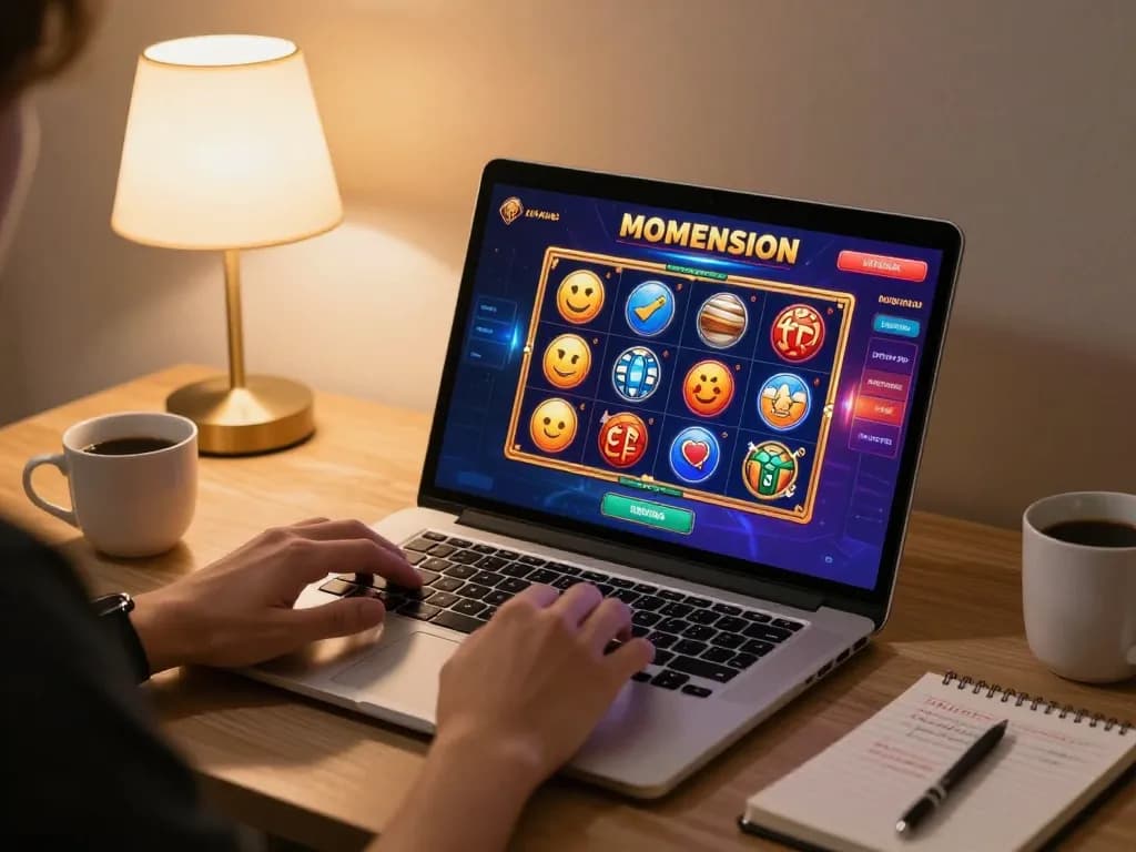 Kuwin player enjoying online slot game on laptop in a cozy, warm-lit setting with betting notes