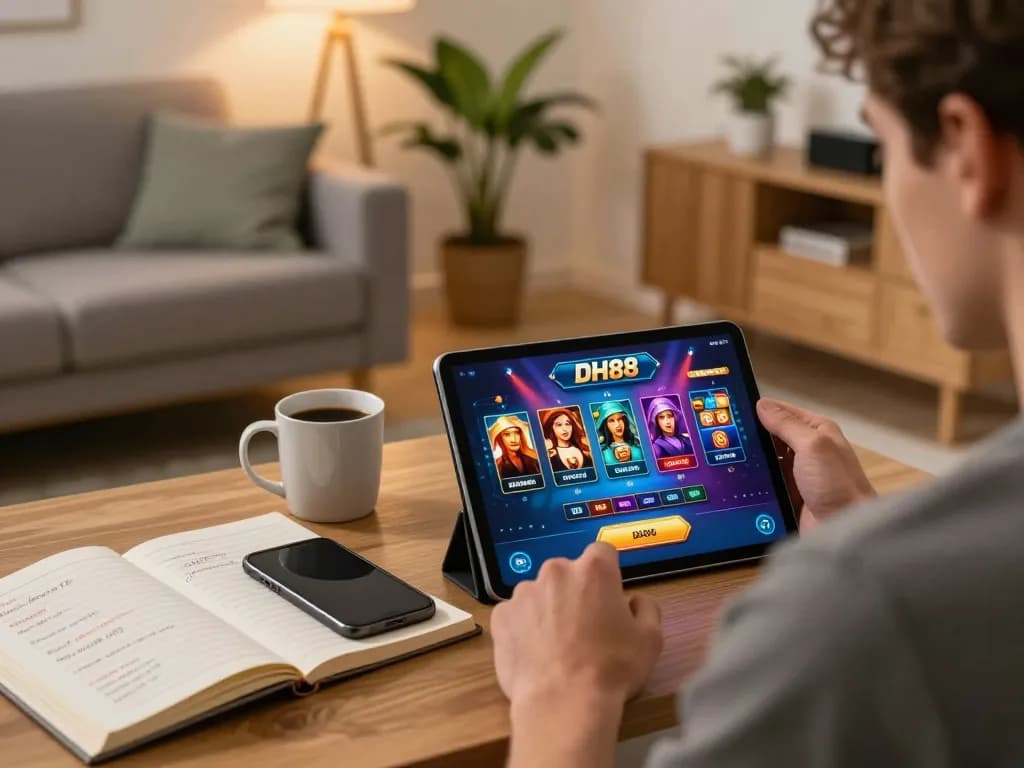 Player enjoying the DH88 casino app on a tablet in a cozy home environment, promoting responsible gambling.