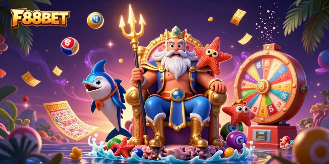 Experience thrilling lottery excitement with F88BET as king Neptune and friends celebrate winnings with dynamic game elements.