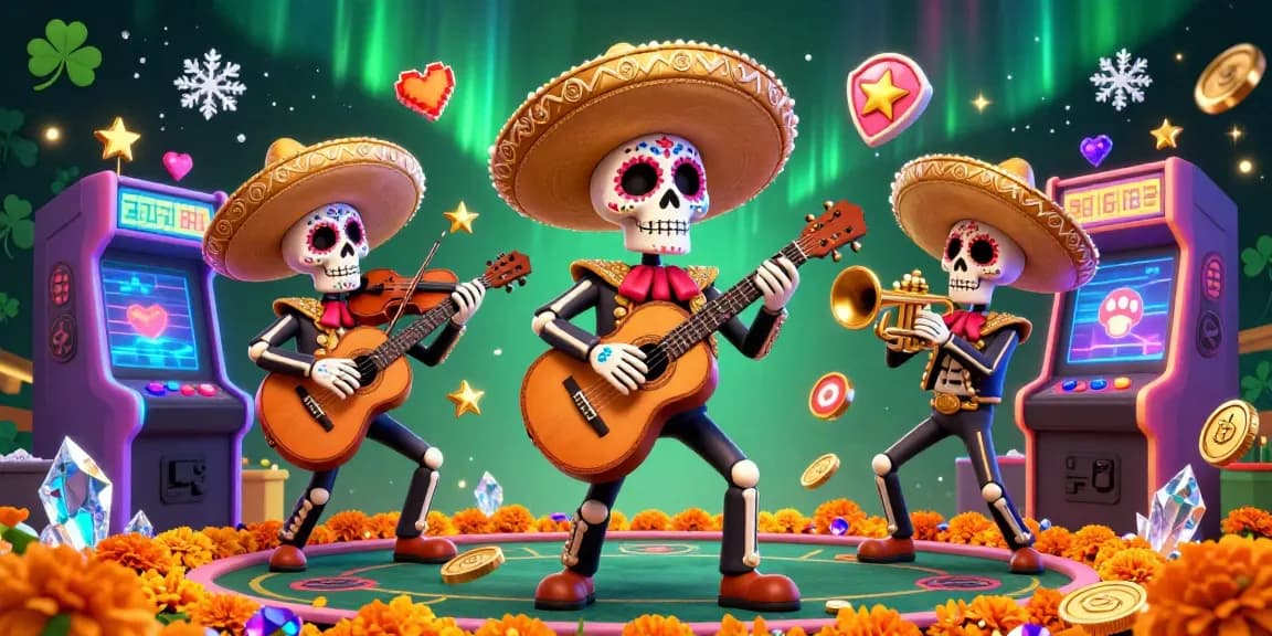 Engage with toto’s vibrant casino-themed 3D illustration featuring an energetic mariachi band amidst arcade games.