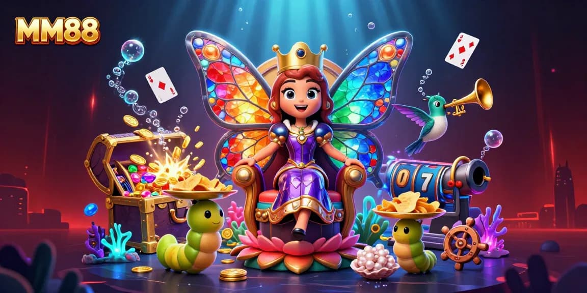 Experience the excitement of MM88 with a vibrant 3D illustration showcasing thrilling casino elements and characters.
