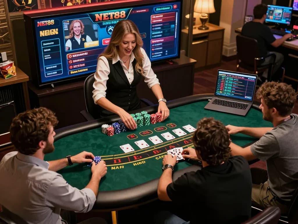 Experience strategic blackjack gameplay at NET88's online live casino with engaging virtual dealers