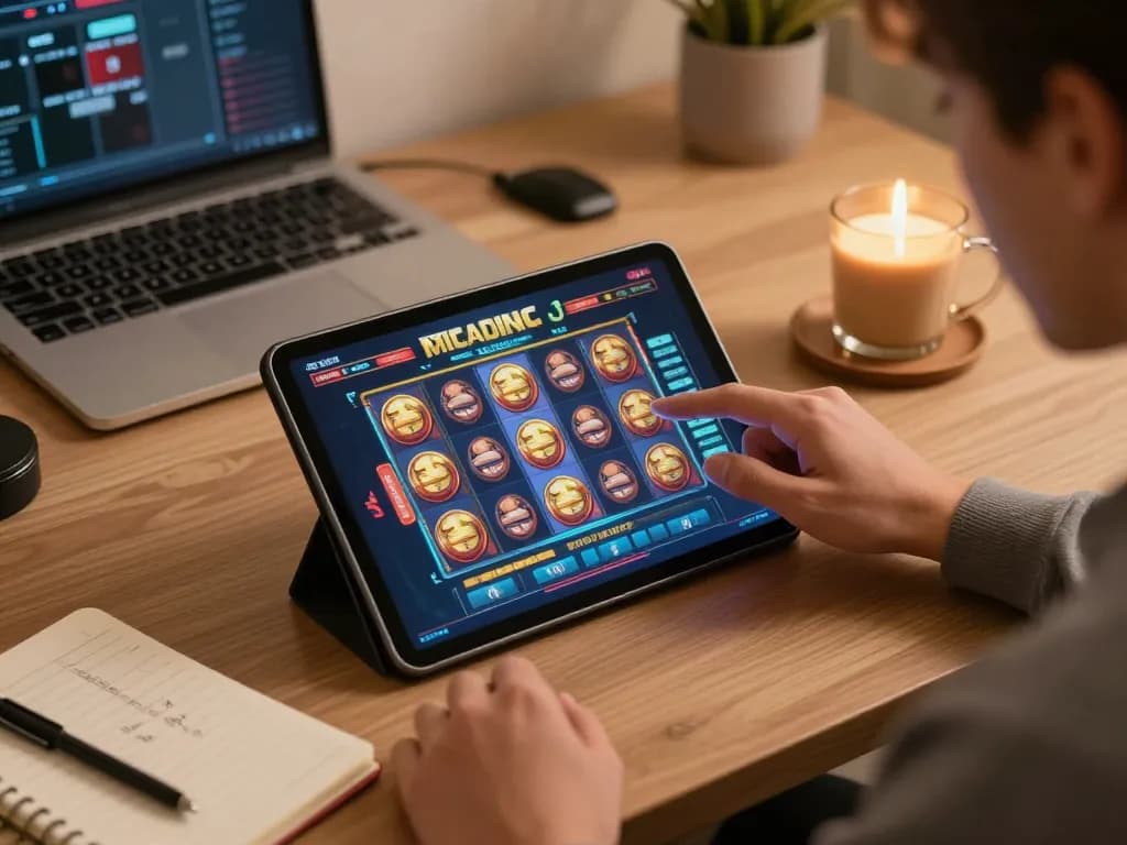 Engaging in a mega slot game on tablet with cozy gaming setup and strategic planning elements.