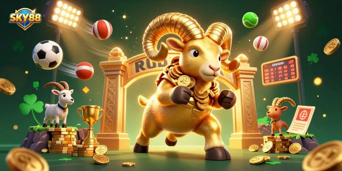 Experience the thrill of winning with SKY88, showcasing a gold ram amidst dynamic sports elements in a vibrant casino scene.