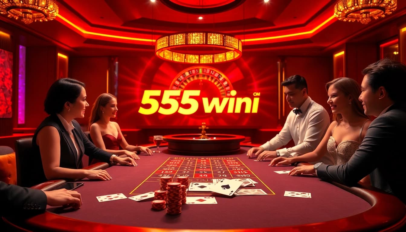 Players celebrating a win at 555win com poker table with vibrant casino ambiance.